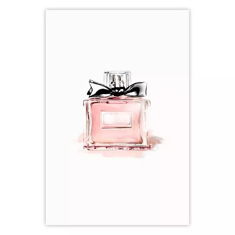 Perfume - pink bottle with a black ribbon on a subtly pastel background
