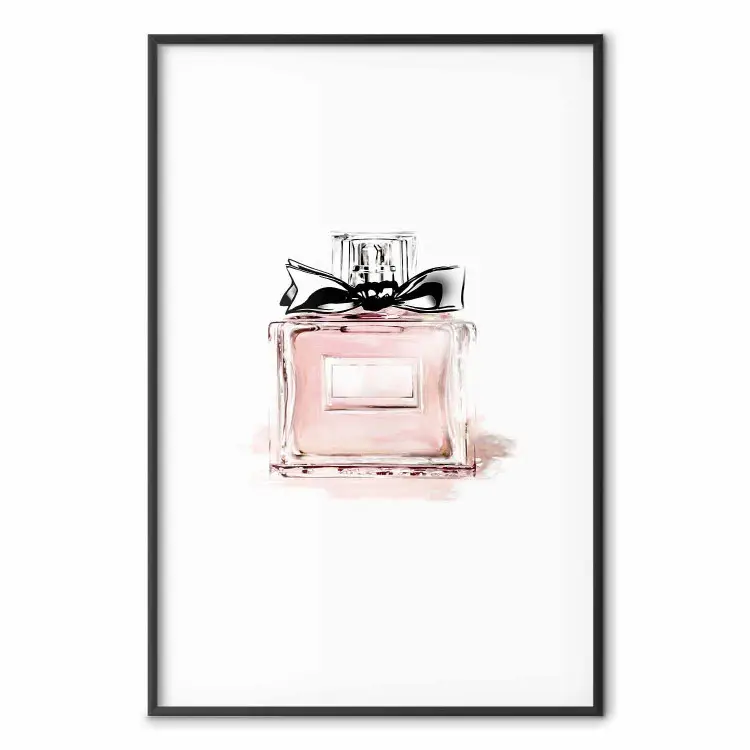 Perfume - pink bottle with a black ribbon on a subtly pastel background