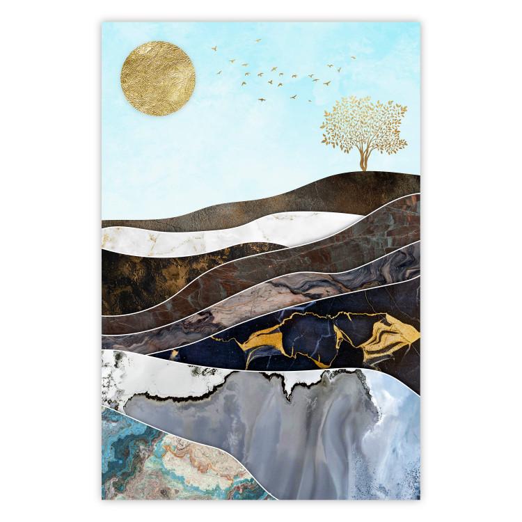 Poster Layers of Earth - abstract landscape with a golden sun and tree