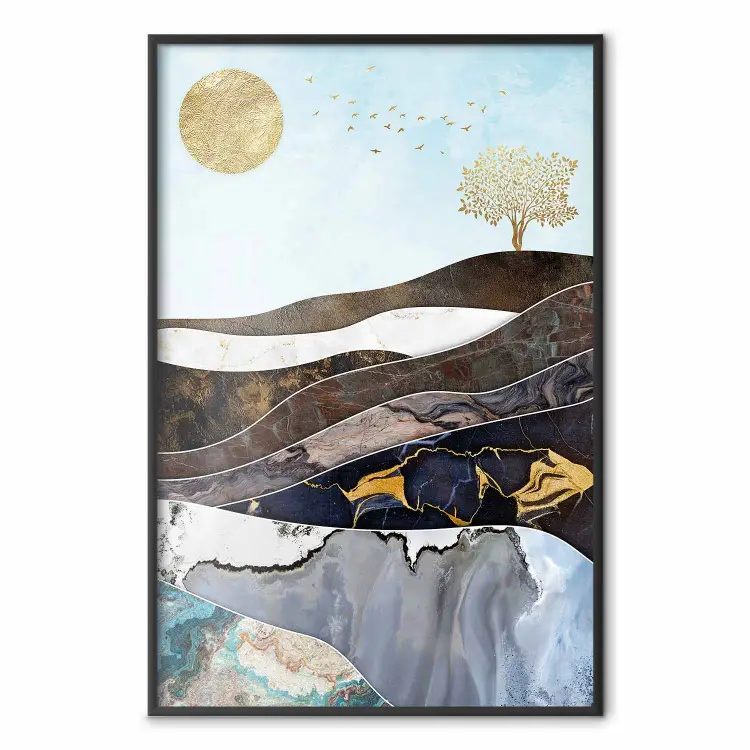 Layers of Earth - abstract landscape with a golden sun and tree