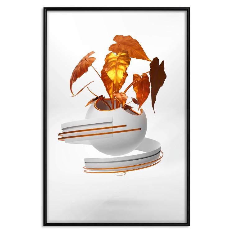 Poster Copper Leaves - abstract vase with golden leaves on a white background