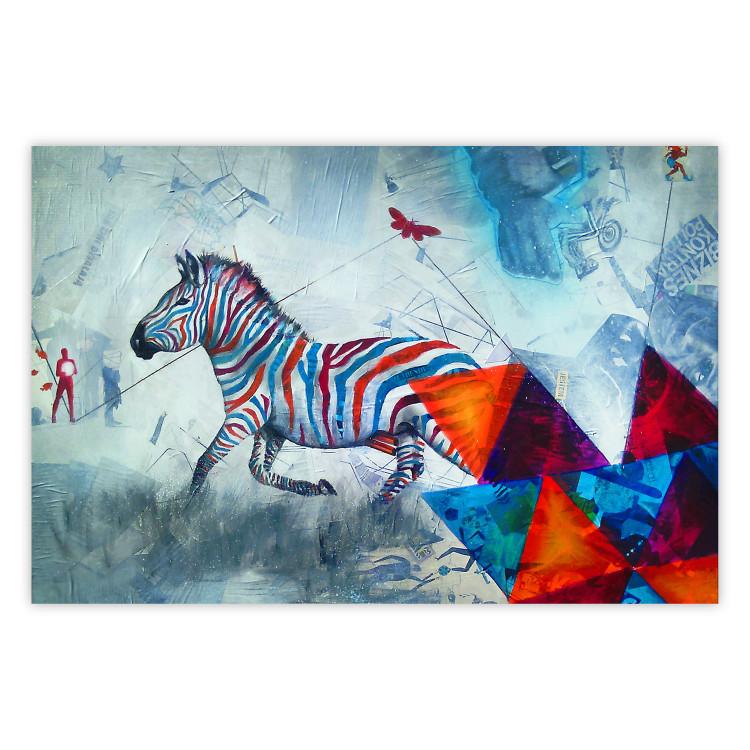 Poster Escape - colorful composition of a fleeing zebra in abstract style