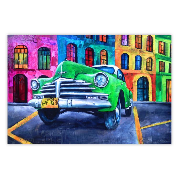 Poster American Classic - green car against a background of colorful architecture