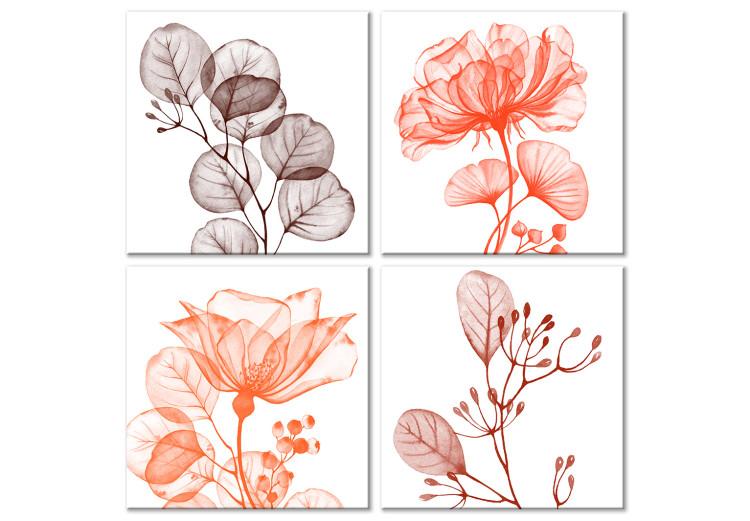Canvas Print Four flowers with leaves - four-part composition on white background