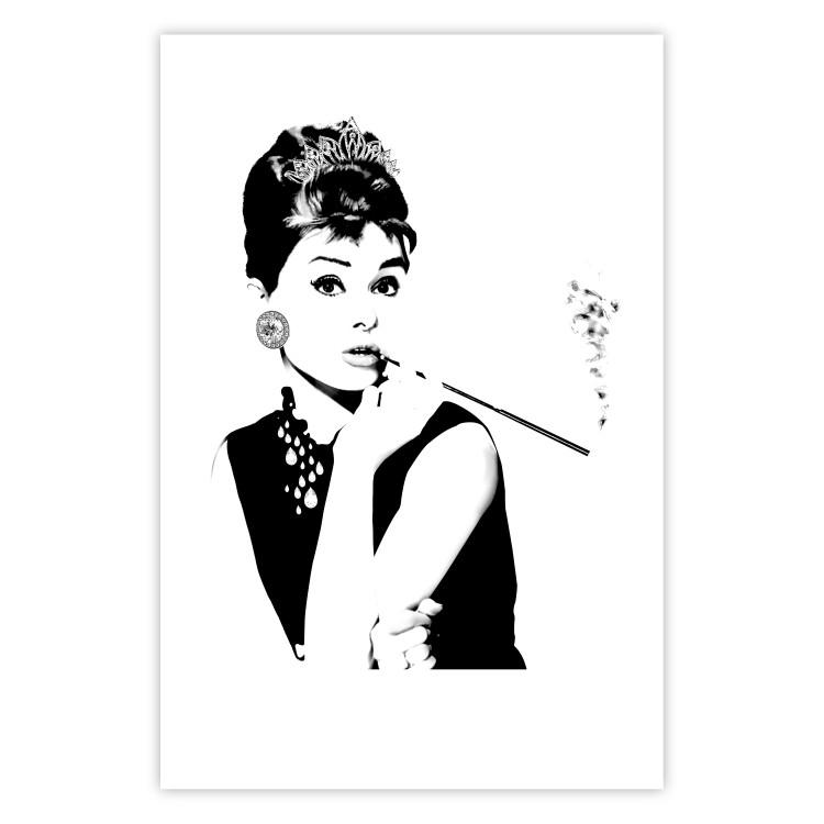 Poster Audrey - black and white portrait of a woman smoking a pipe on a light background
