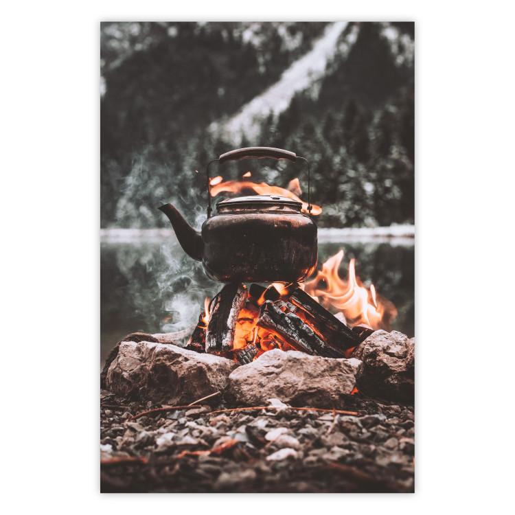 Poster Hearth - fireplace surrounded by stones against a background of lake and forest
