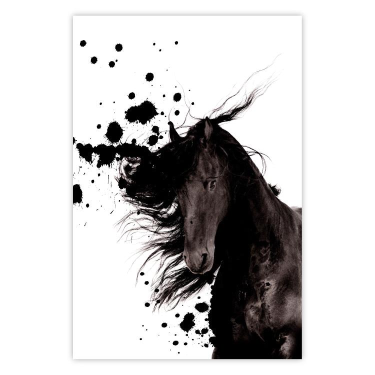 Poster Abstract Element - black horse and abstract spots on a white background