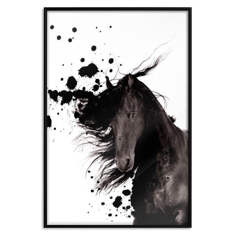 Poster Abstract Element - black horse and abstract spots on a white background