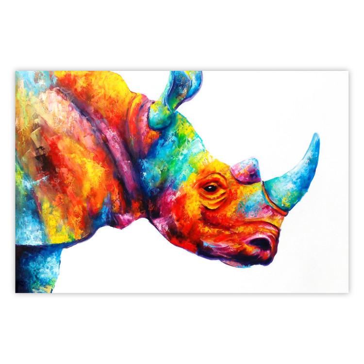 Poster Rainbow Rhinoceros - colorful and abstract animal on a white background