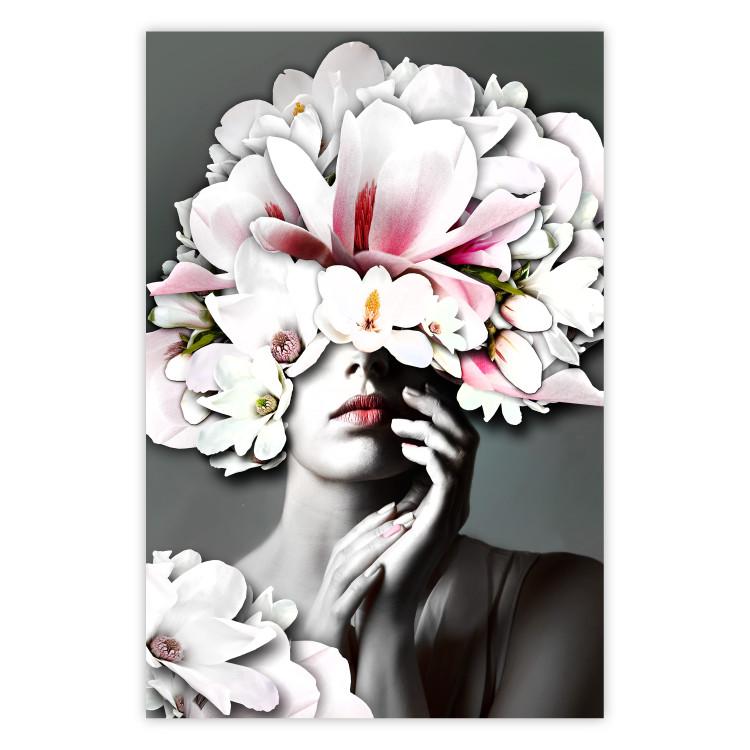 Poster Dream of Love - portrait of a woman with flowers on her head on a gray background