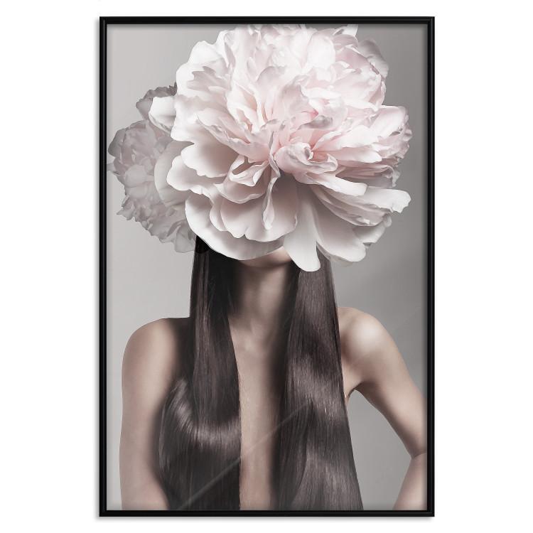 Poster Floral Head - fanciful portrait of a woman with a flower on a gray background