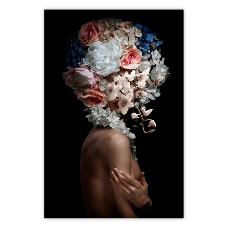Poster Mysterious Gesture - abstract woman with colorful flowers on her head