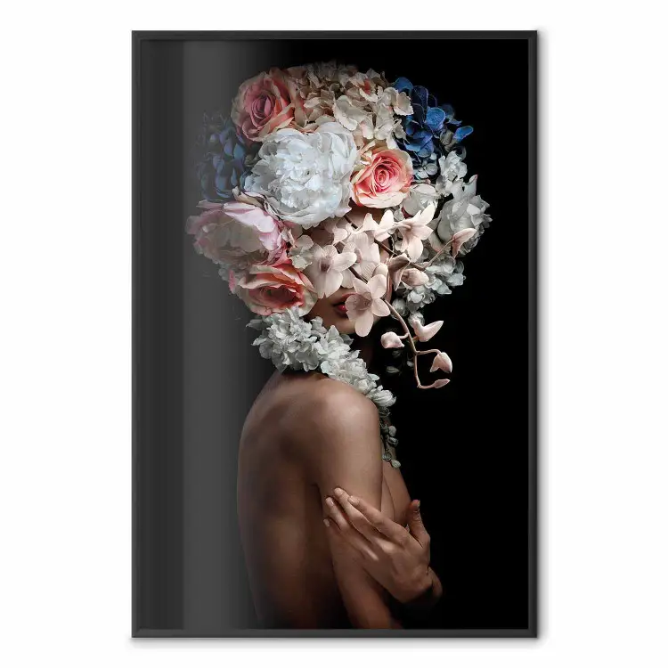 Mysterious Gesture - abstract woman with colorful flowers on her head