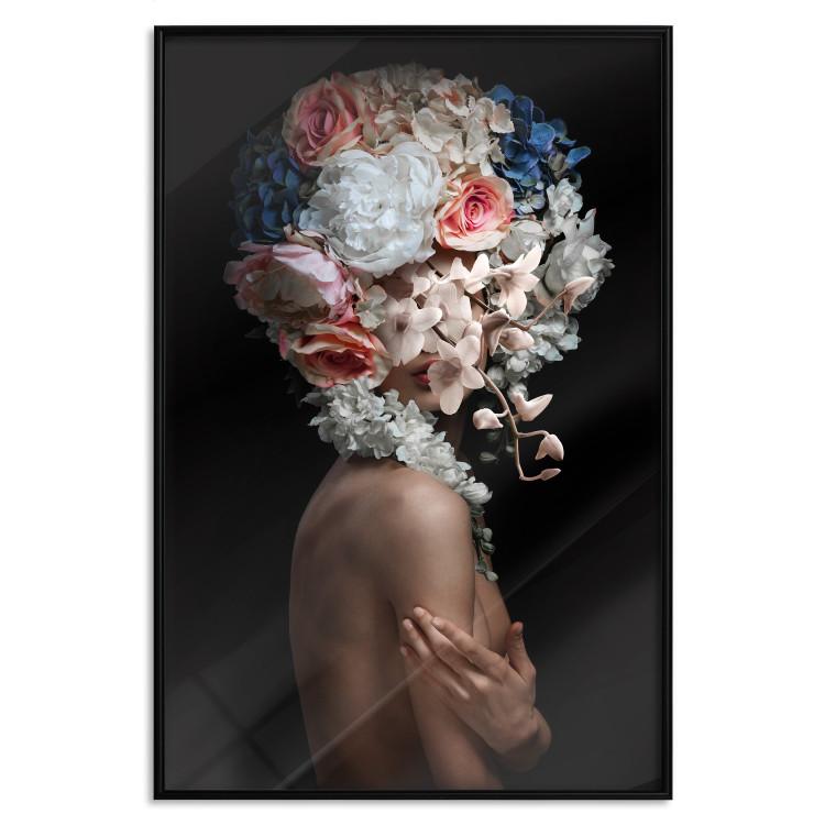 Poster Mysterious Gesture - abstract woman with colorful flowers on her head