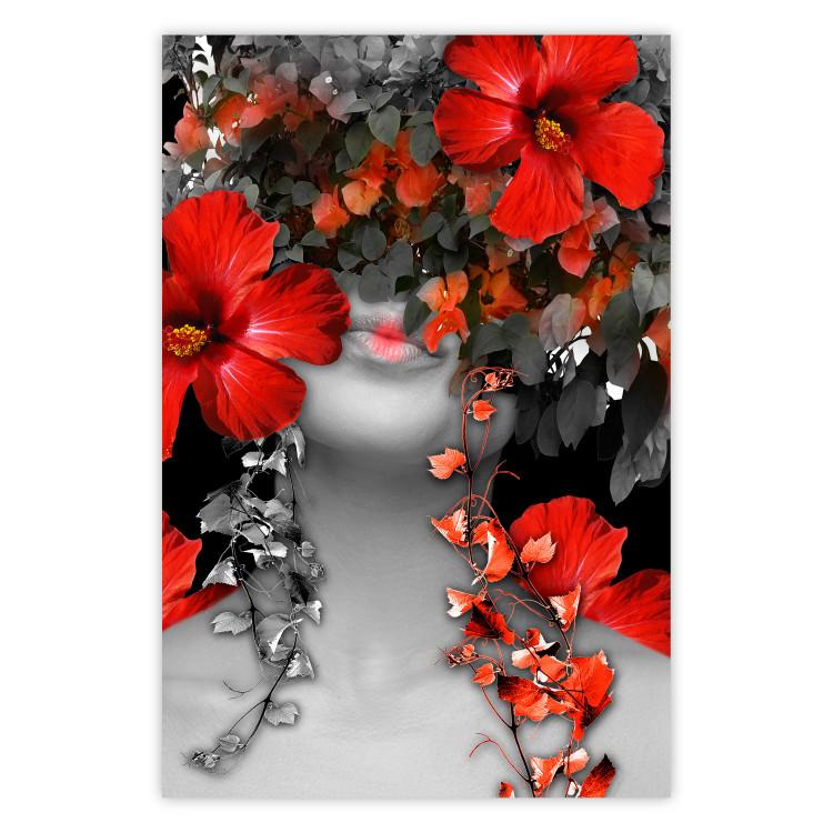 Poster Japanese Dreams - red flowers on an abstract background of a woman