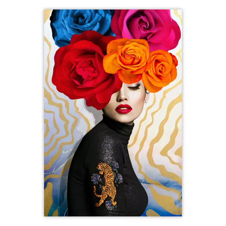 Tiger on Shoulder - portrait of a woman with colorful flowers on her head