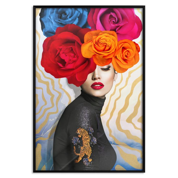 Poster Tiger on Shoulder - portrait of a woman with colorful flowers on her head