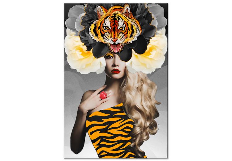 Canvas Print Woman with flowers and tiger - abstract portrait on grey background