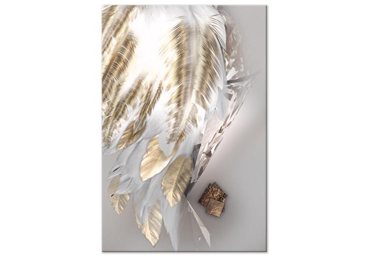 Canvas Print Fallen Angel (1-part) vertical - golden feathers on a gray background