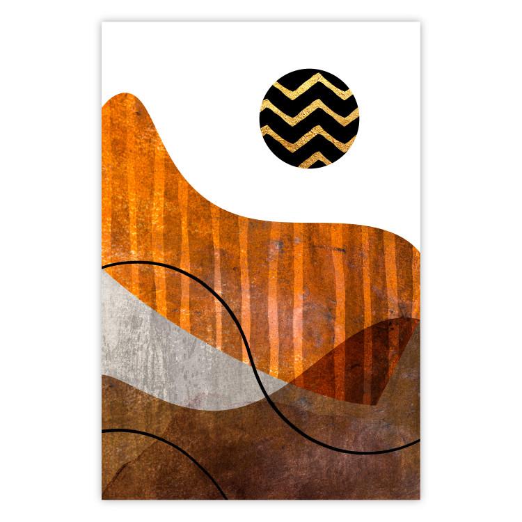 Poster Fluid Motion - abstract brown waves and circle with patterns on white background