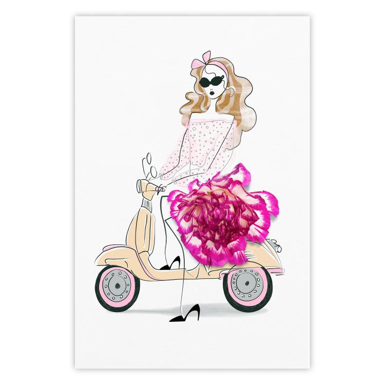 Poster Girl on Scooter - abstract woman with flower on white background
