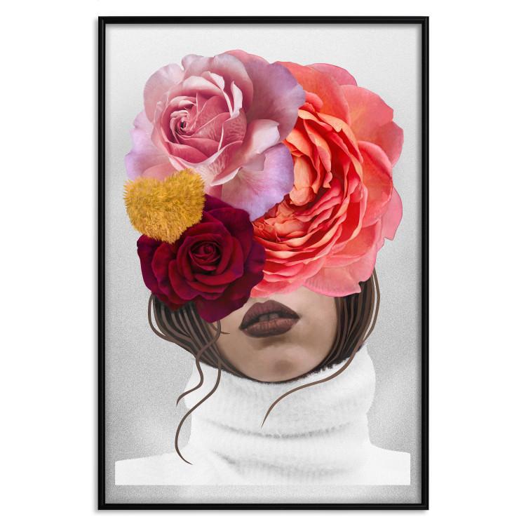 Poster White Sweater - abstract woman with colorful flowers on light background