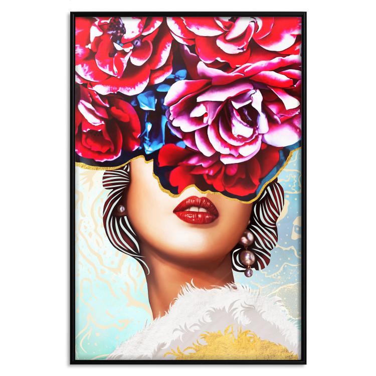 Poster Sweet Lips - abstract portrait of woman with flowers on light background