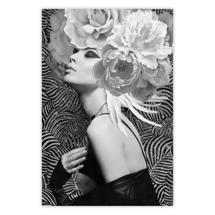 Poster Silver Princess - portrait of woman with flowers on abstract background