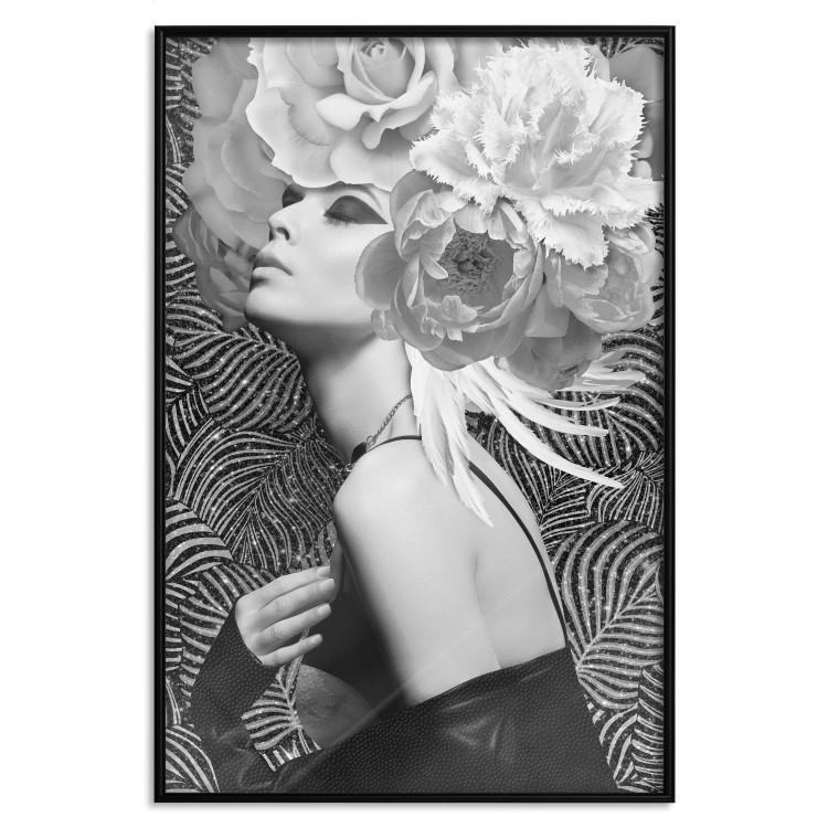 Poster Silver Princess - portrait of woman with flowers on abstract background