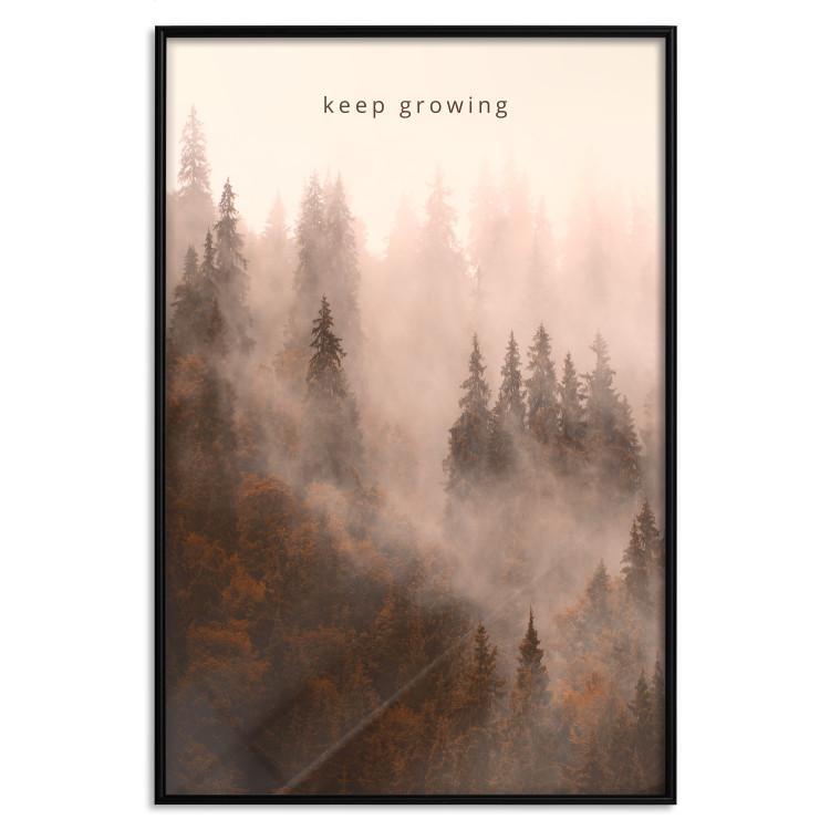 Poster Keep Growing - English inscriptions and forest landscape with trees in fog