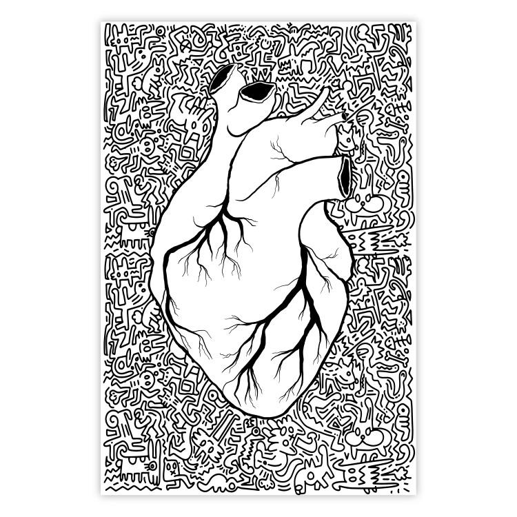 Poster Pure Heart - black and white human heart on abstract patterns background