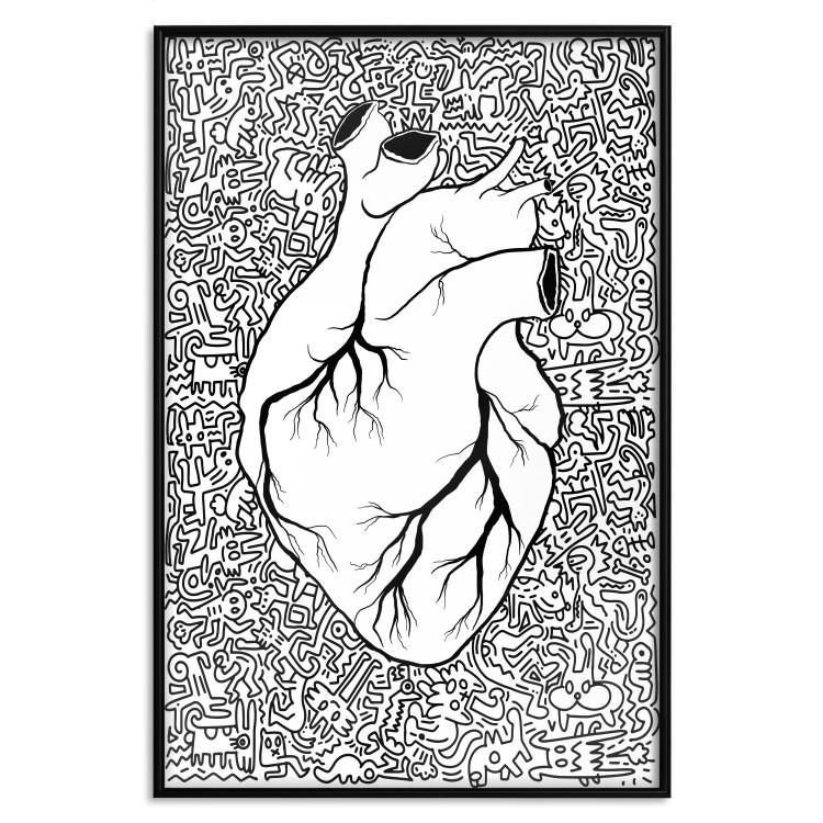 Poster Pure Heart - black and white human heart on abstract patterns background