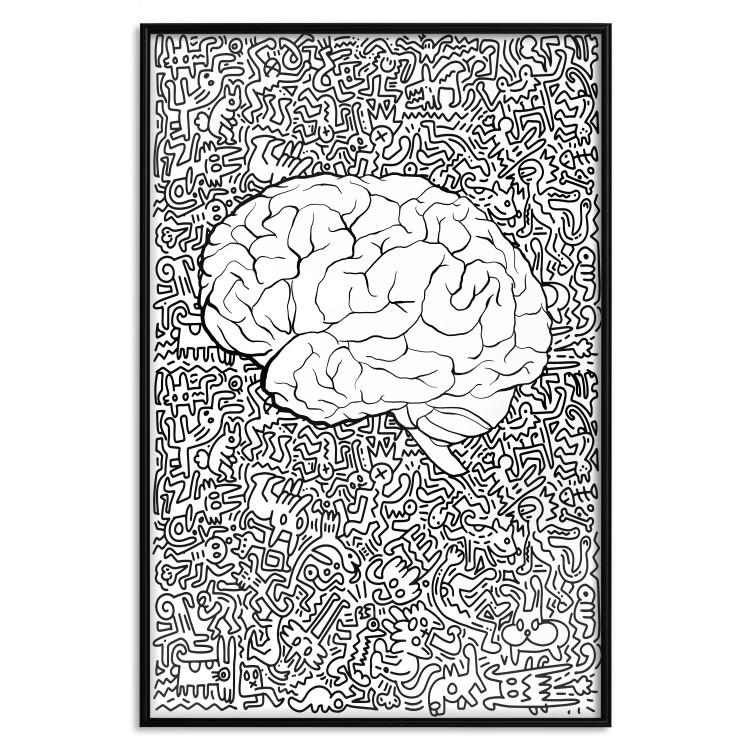 Poster Clear Mind - black and white human brain on abstract patterned background
