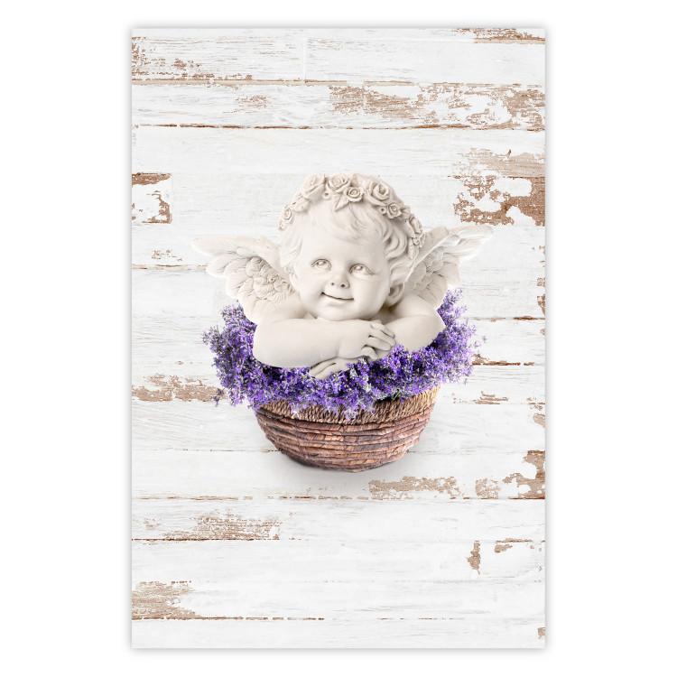 Poster Lavender Dream - angel in purple flowers on wooden background