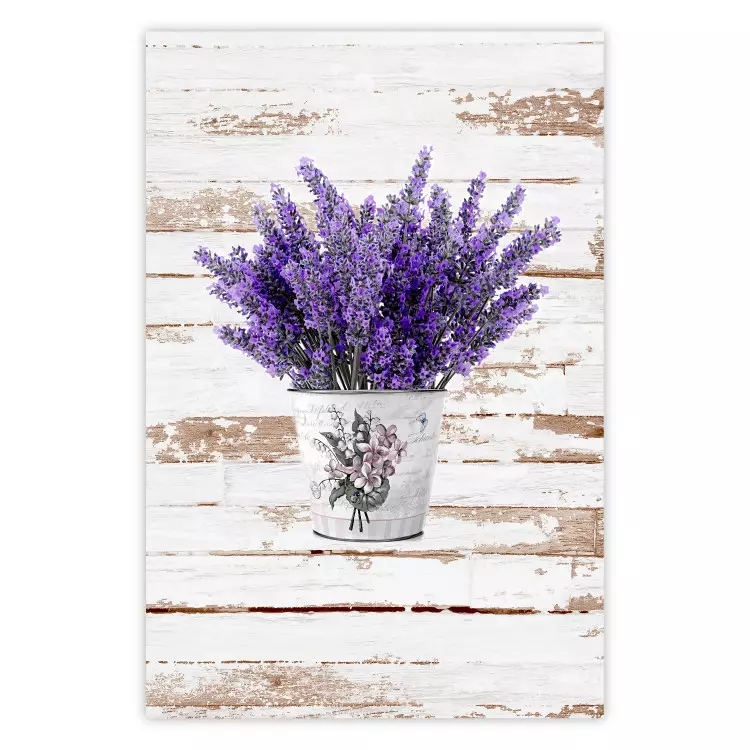 Lavender Bouquet - purple flowers in pot on background of wooden planks
