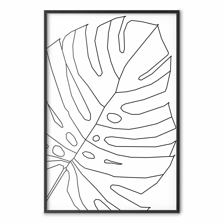 Monstera Drawing - black and white line art of monstera leaf on light background