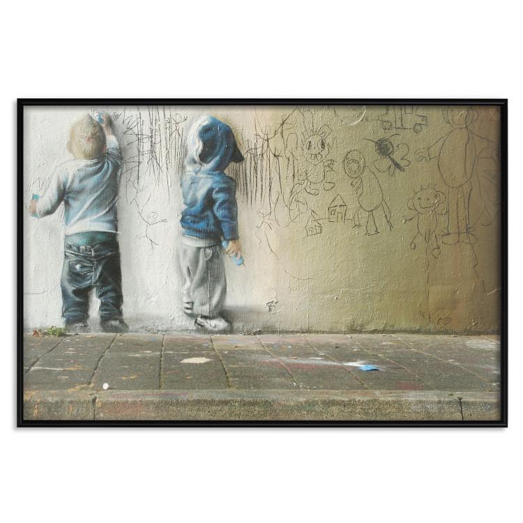 Poster Young Generation - graffiti of boys coloring with crayons on the wall