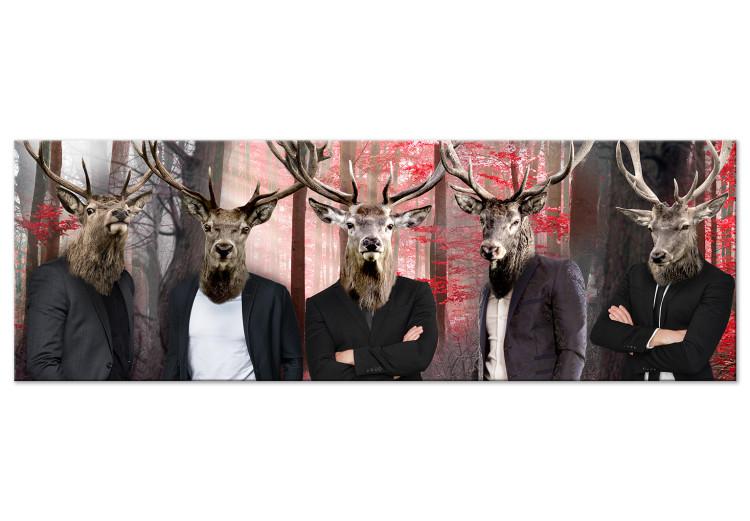 Canvas Print Animal faces - humen figures with animal heads on forest background
