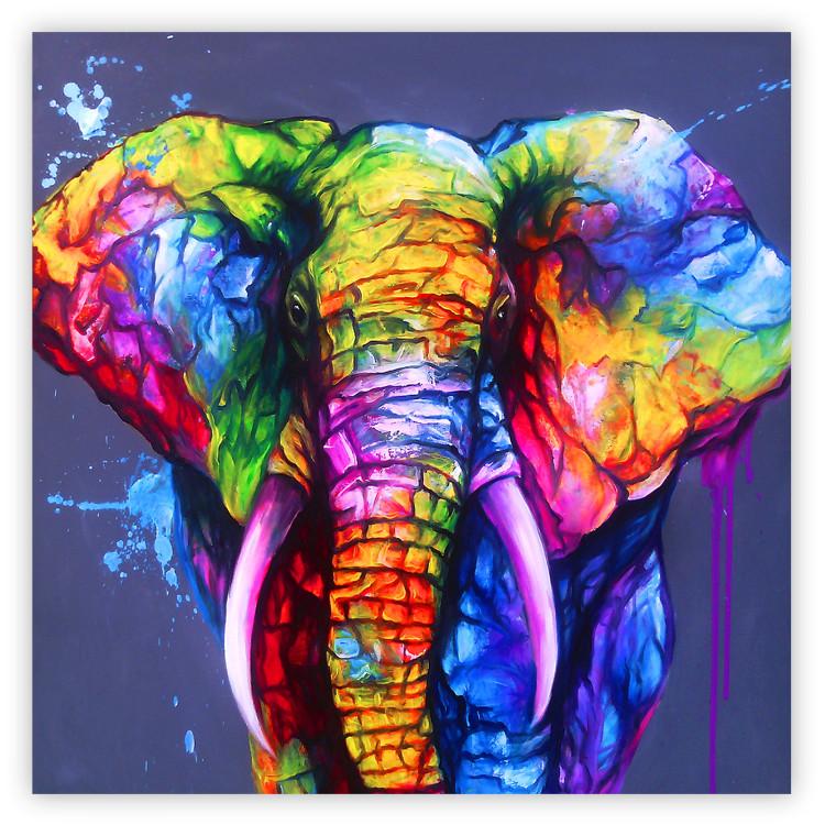 Poster Rainbow Trumpet - abstract large colorful elephant on a blue background