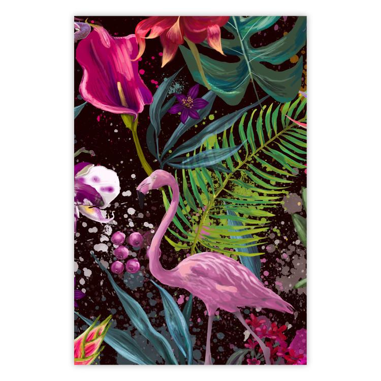 Land of Flamingos - abstract pink bird on a colorful background of plants