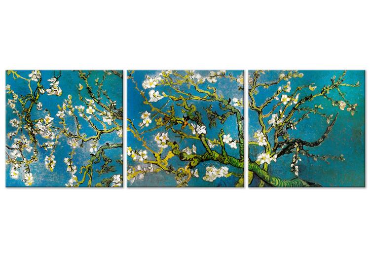 Canvas Print Blooming Almond Tree (3-part) - twisted tree with white flowers