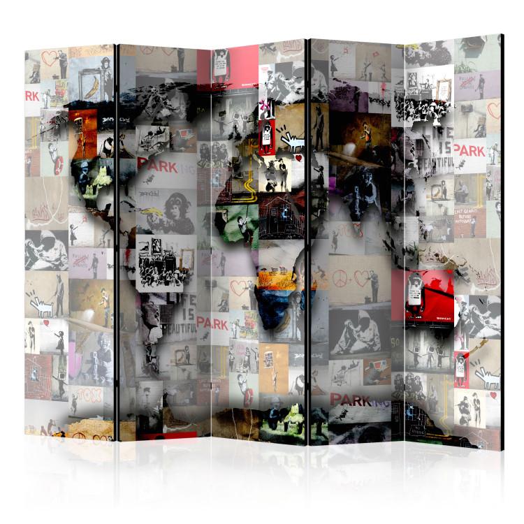 Room Divider World Map - Banksy (5-piece) - graffiti-style abstraction
