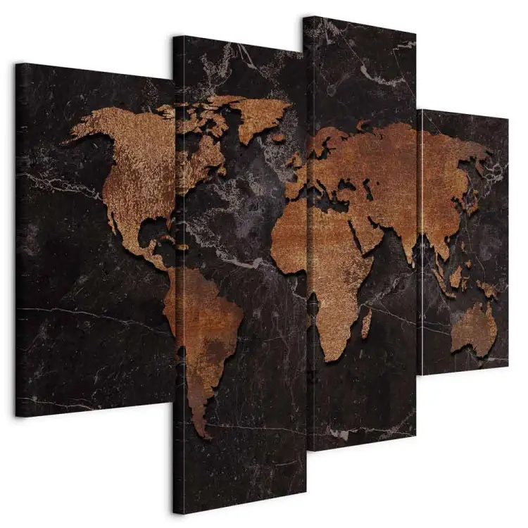 Art Print Copper Map (4-piece) - world map with a rusted texture - bimago