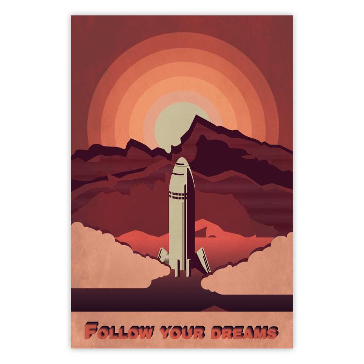 Poster Space Flight - black and white landscape of rocket and space with texts