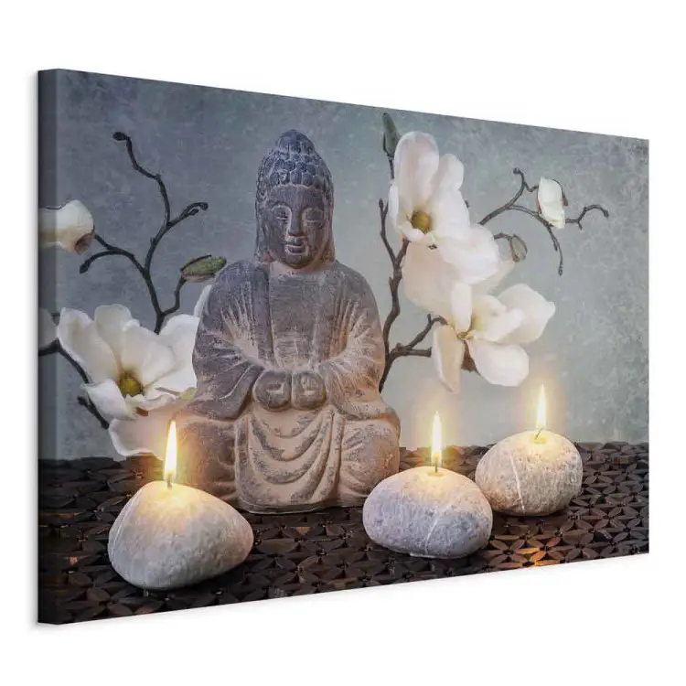 Buddha and Stones wide - gray sculpture in Zen motif