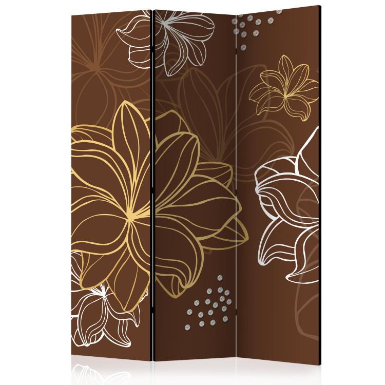 Room Divider Autumnal Flora (3-piece) - brown background and delicate flower drawings