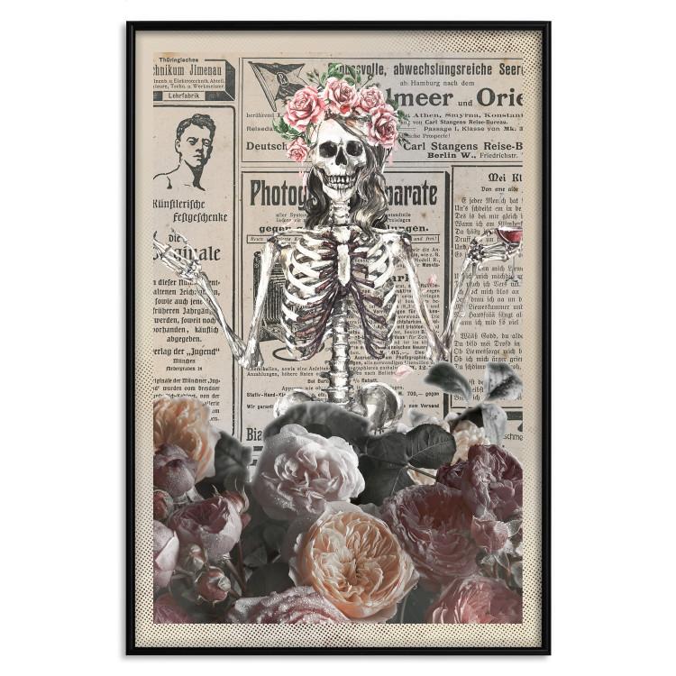 Poster Death and Wine - abstraction with character among flowers and text in the background