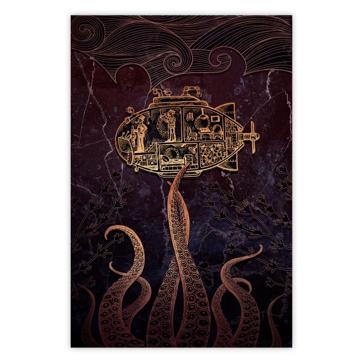Poster Golden Submarine - maritime abstraction with the ocean and an octopus