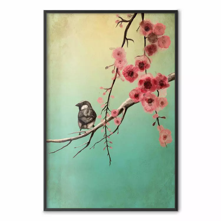 Cherry Blossoms - colorful composition with a small bird among branches