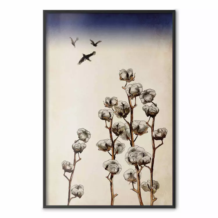 Cotton Branches - beautiful composition with plants and birds against a sky background